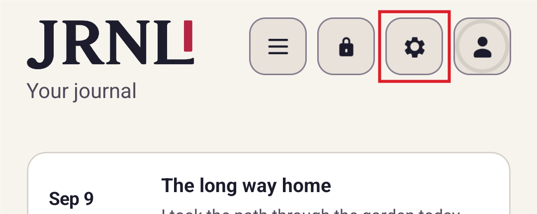 JRNL journal header with Settings gear highlighted
