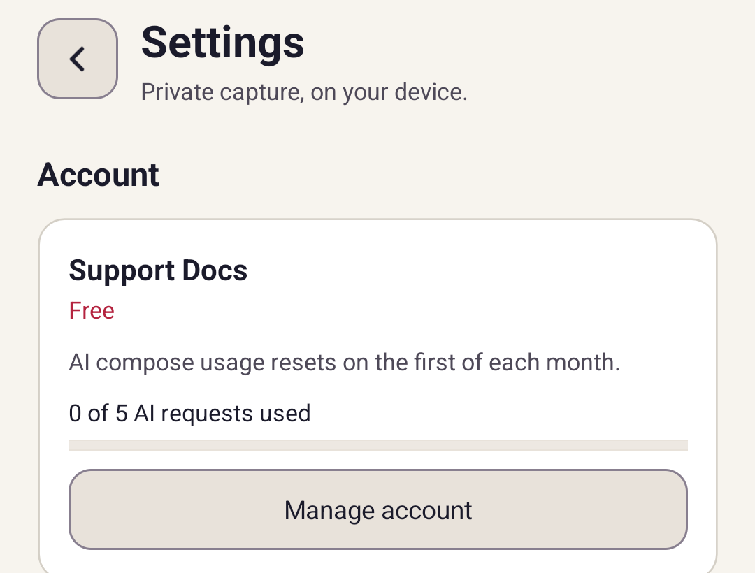 JRNL Settings Account section showing Manage account