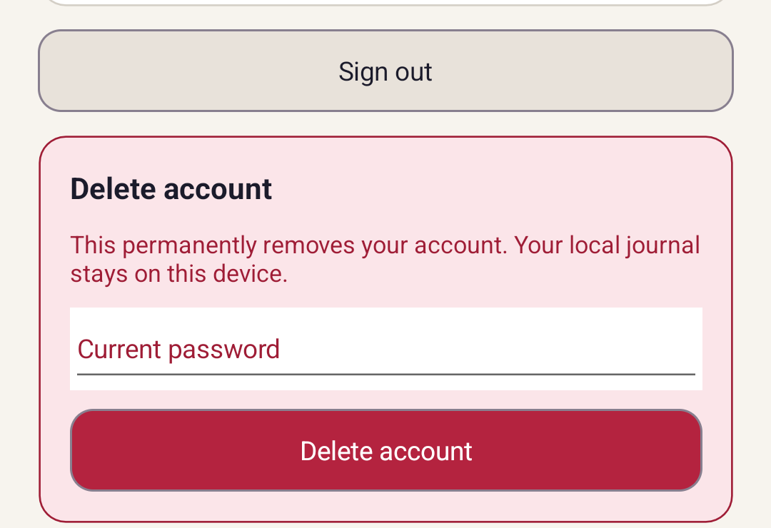 Delete account section with current password field and Delete account button