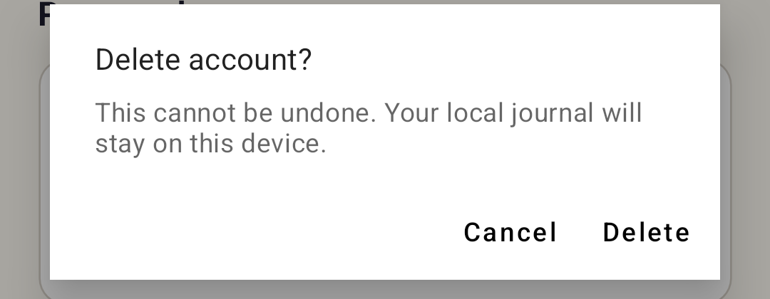 Confirmation dialog asking Delete account? with Cancel and Delete options